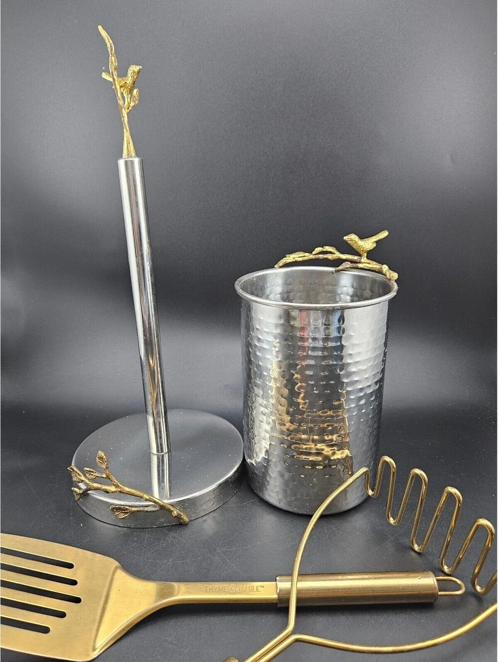 Thyme & Table Kitchen Set Gold Bird Branch Paper Towel Holder & Utensil Crock